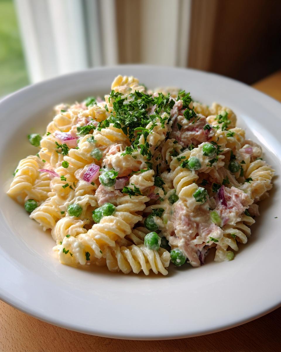 A close-up of delicious tuna pasta salad made with rotini, peas, red onion, and topped with fresh parsley.