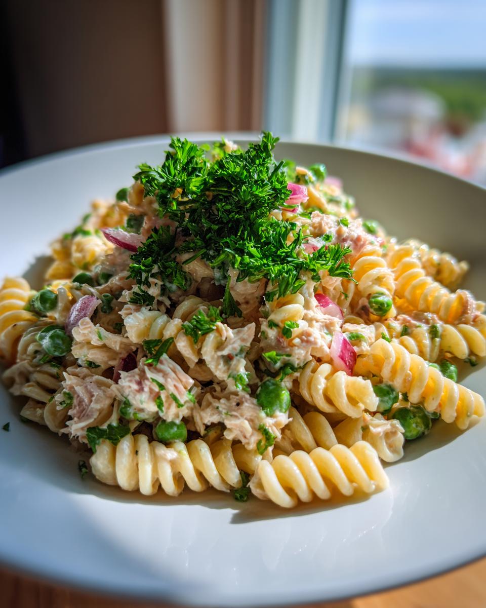 A close-up of a serving of creamy tuna pasta salad made with rotini pasta, peas, and topped with fresh parsley.