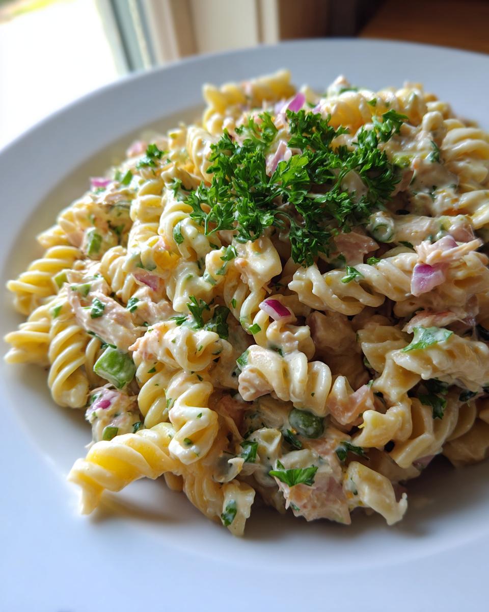 Close-up of creamy tuna pasta salad made with rotini pasta, red onion, and topped with fresh parsley.