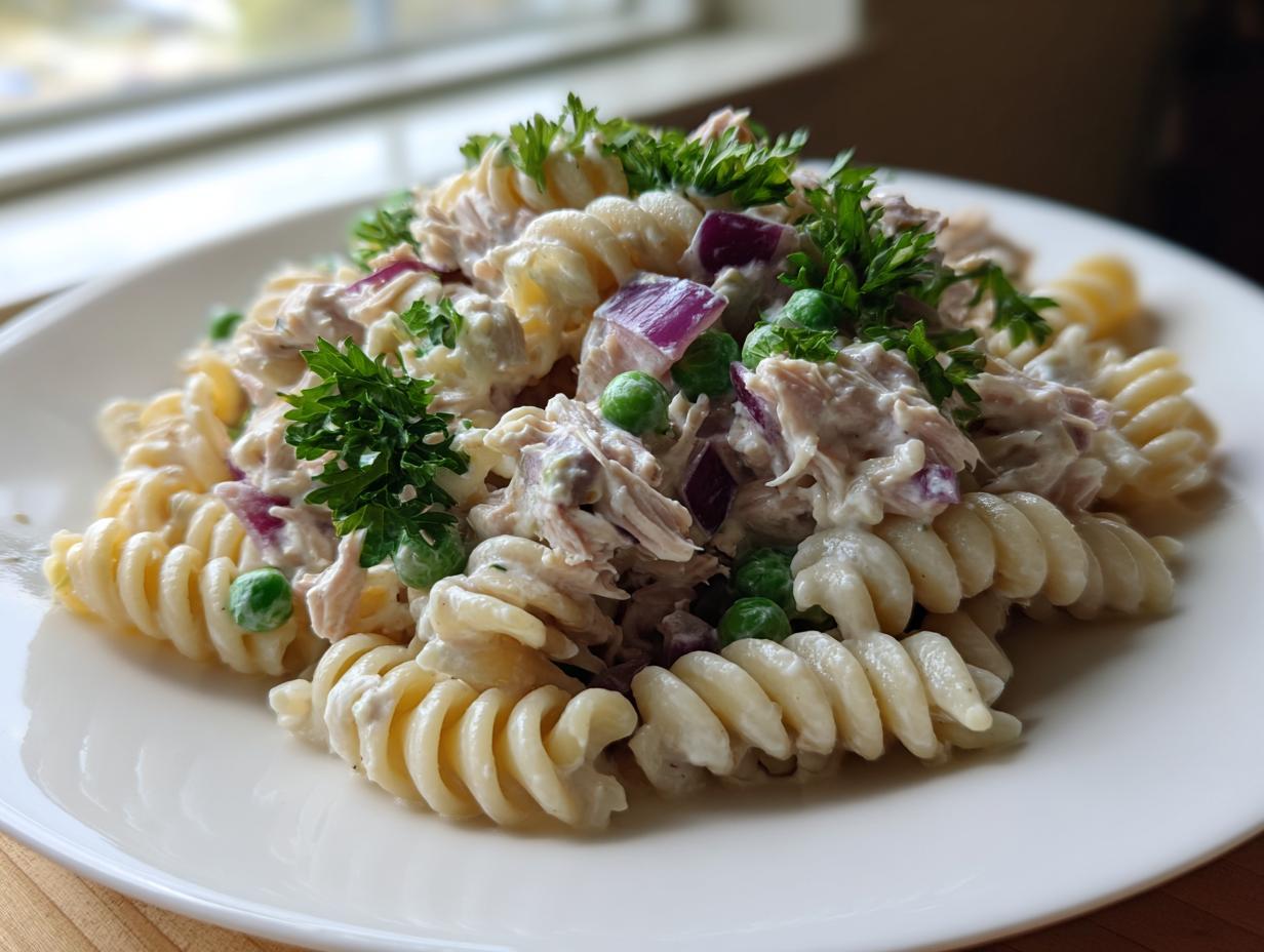 A close-up of creamy tuna pasta salad made with rotini pasta, peas, red onion, and fresh parsley garnish.