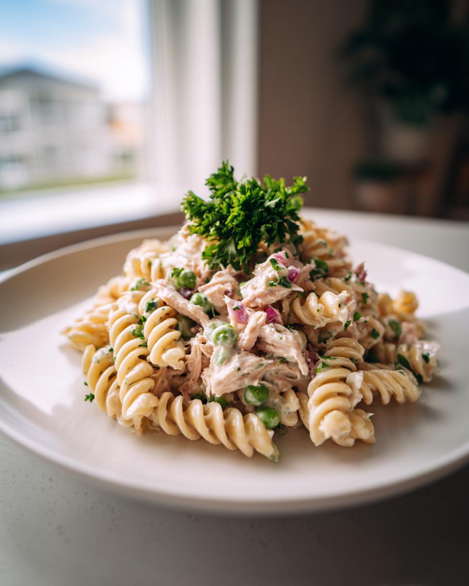 A close-up of creamy tuna pasta salad made with rotini pasta, peas, and red onion, garnished with parsley.