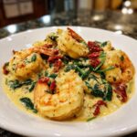 Close-up of creamy Tuscan shrimp served in a white bowl with spinach and sun-dried tomatoes.