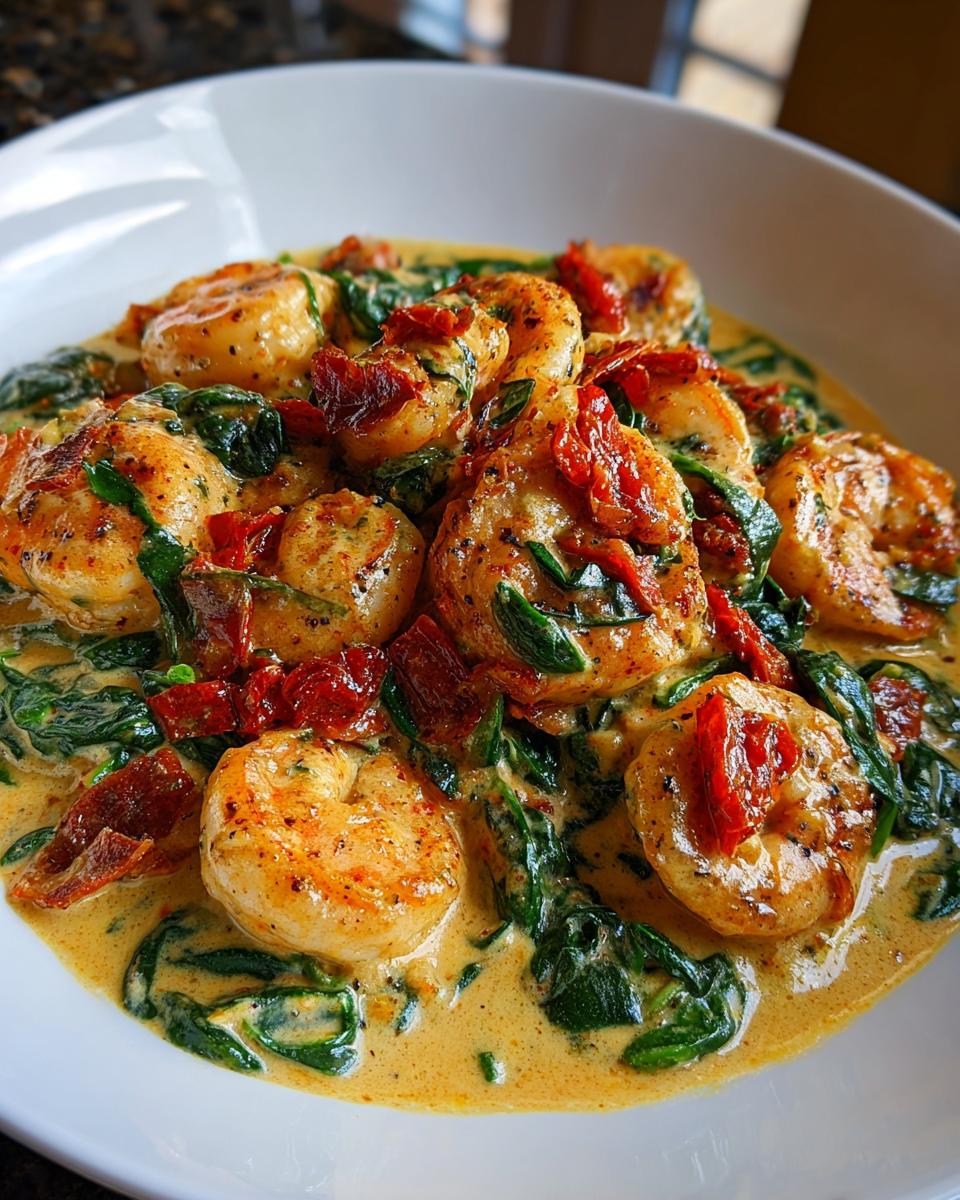 Close-up of creamy Tuscan shrimp served in a white bowl with wilted spinach and sun-dried tomatoes.