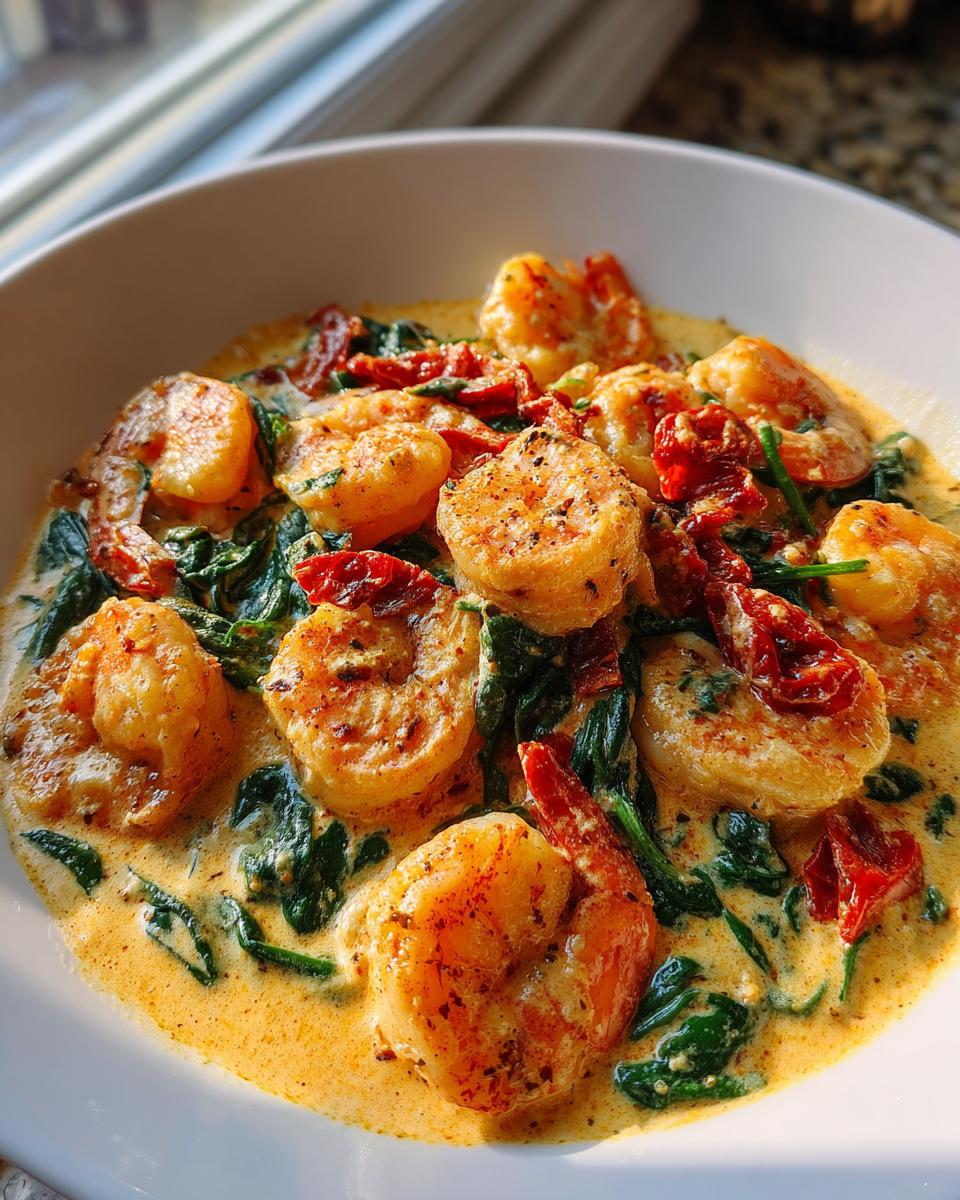 Close-up of creamy Tuscan shrimp served in a white bowl with wilted spinach and sun-dried tomatoes.