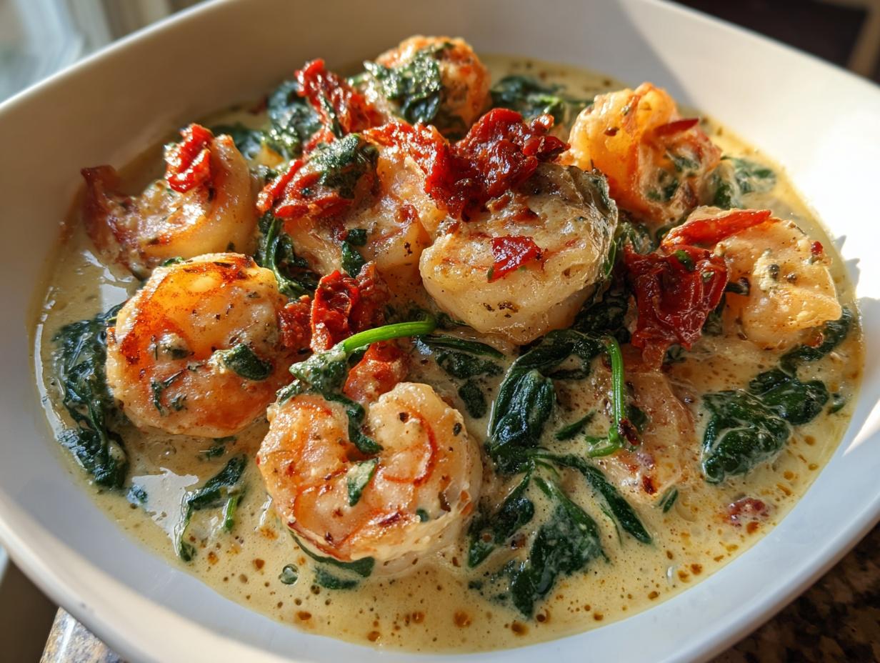 Close-up of creamy Tuscan shrimp served in a white bowl with wilted spinach and sun-dried tomatoes.