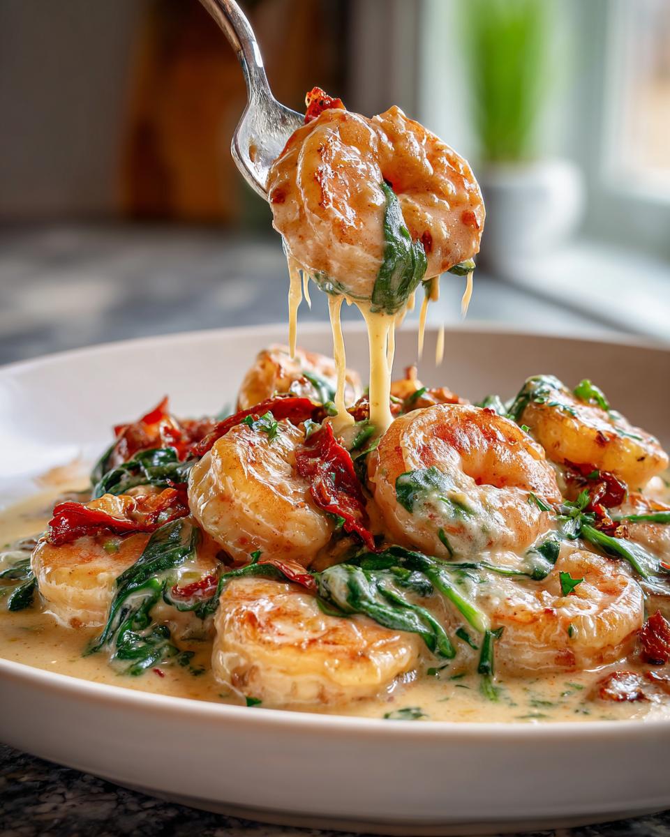 A spoonful of creamy Tuscan shrimp, dripping with cheese sauce, lifted from a bowl of the dish.