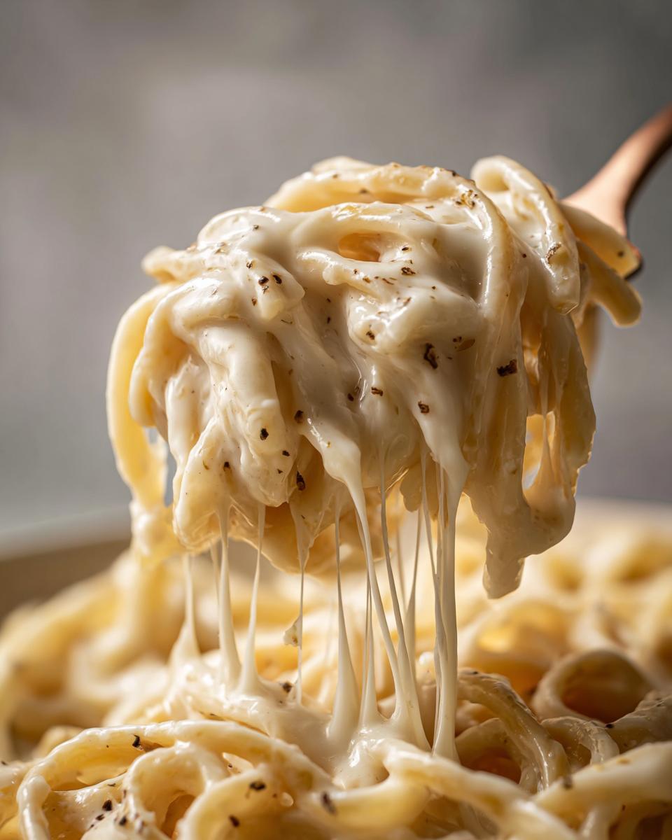 Close-up of pasta coated in thick, creamy vegan alfredo sauce being lifted by a fork, showing cheese-like stretches.