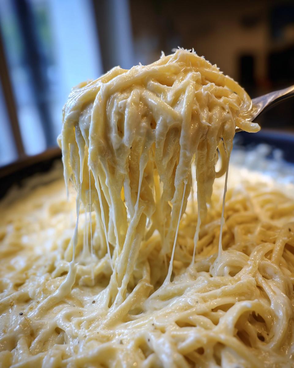 Close-up of spaghetti being lifted, dripping with thick, creamy vegan alfredo sauce.