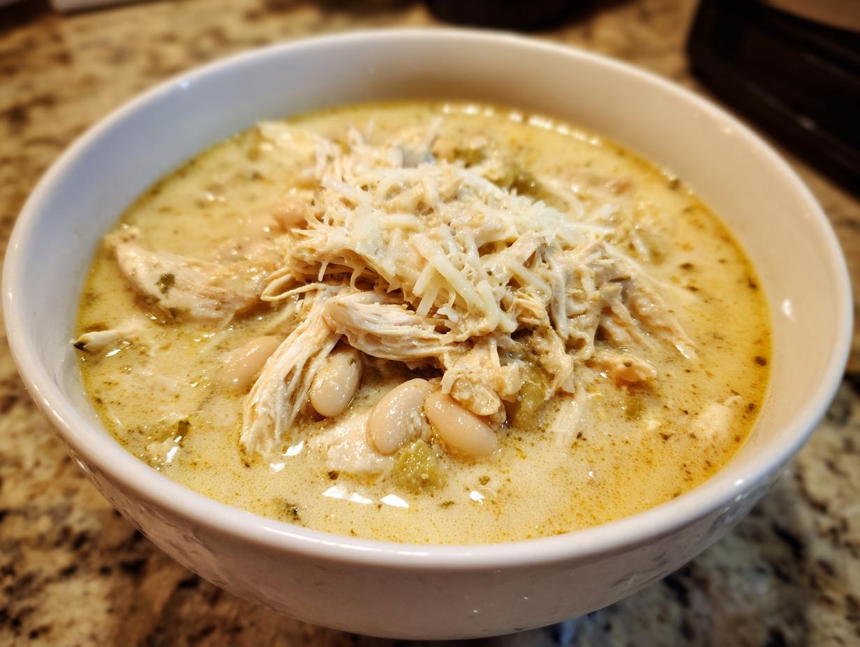 A close-up of a white bowl filled with creamy white chicken chili, featuring shredded chicken, white beans, and topped with shredded cheese.