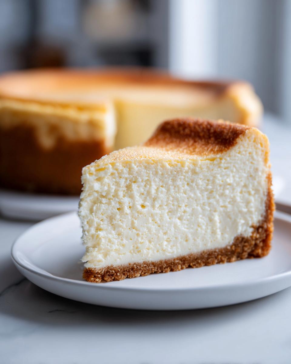 A close-up of a creamy slice of white chocolate cheesecake with a graham cracker crust on a white plate.