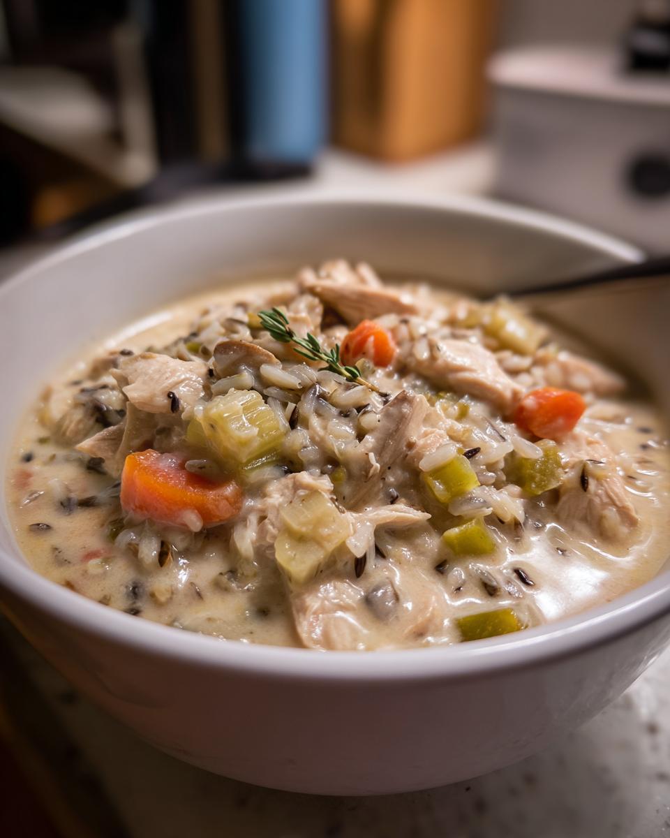 Close-up of a creamy bowl of amazing wild rice soup with chunks of chicken, carrots, and celery, garnished with thyme.