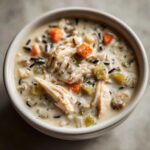 Close-up of a creamy bowl of amazing wild rice soup featuring shredded chicken, carrots, and wild rice.