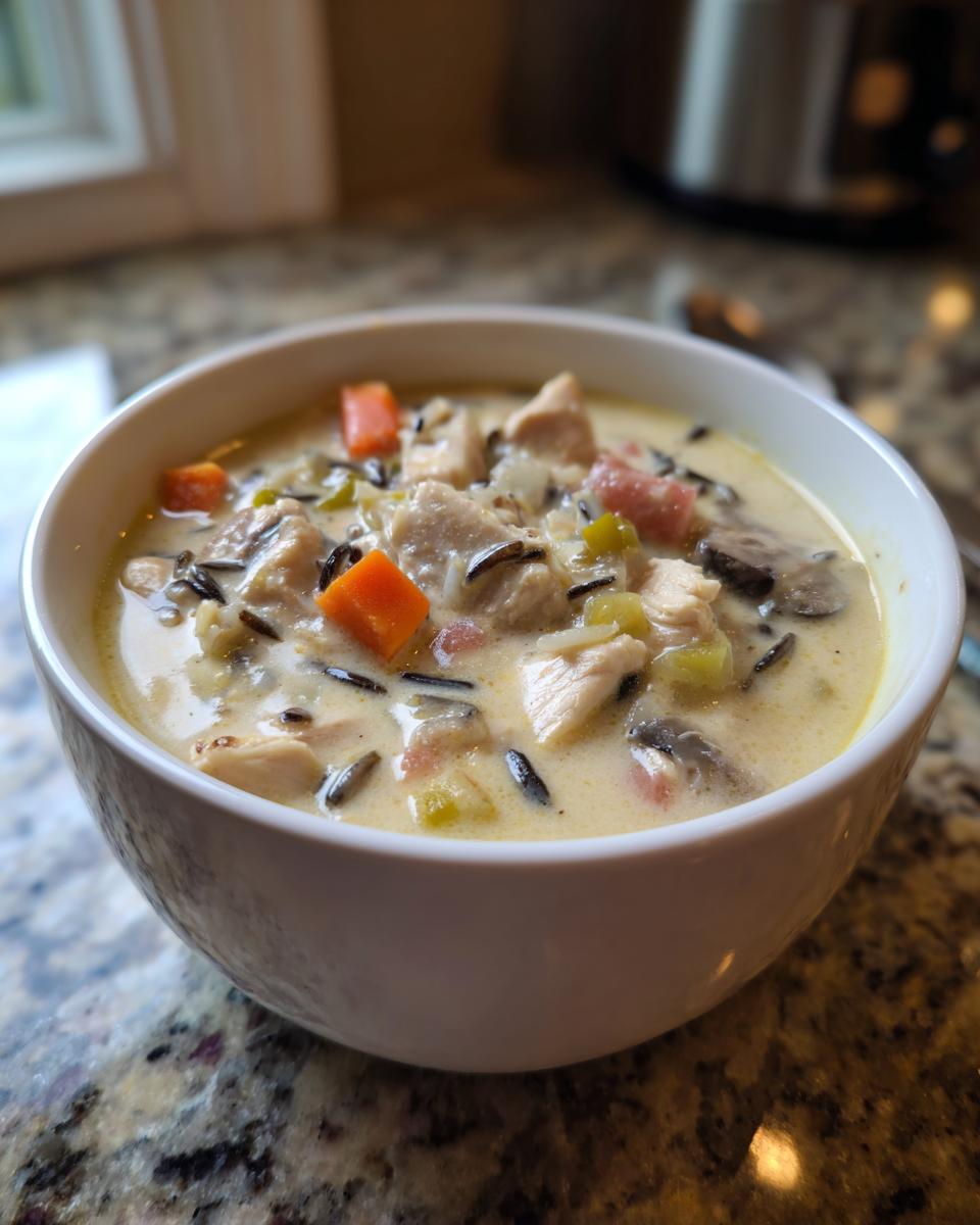 A close-up of a white bowl filled with creamy wild rice soup, featuring chunks of chicken, carrots, and mushrooms.