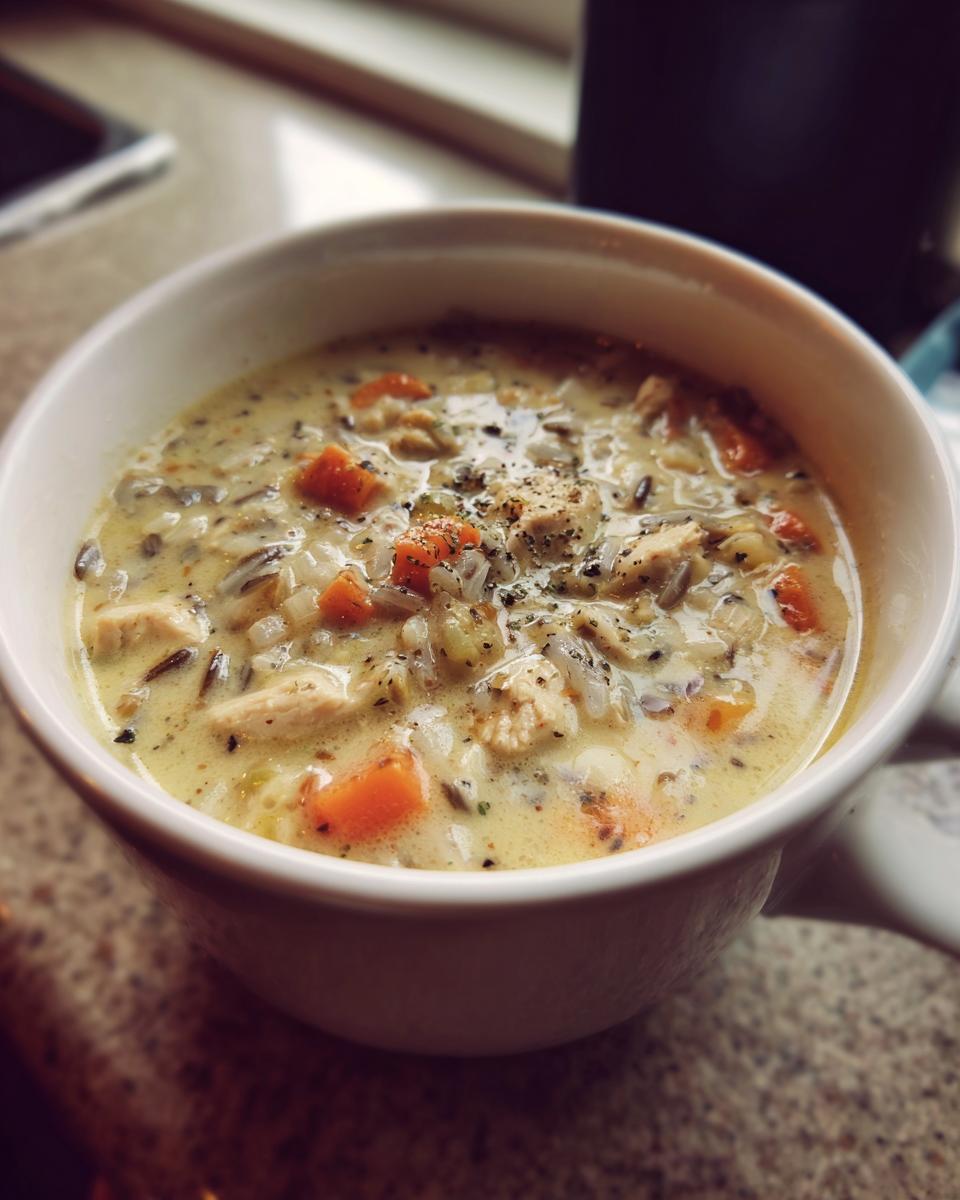 Close-up of a creamy bowl of amazing wild rice soup with chicken and carrots, seasoned with black pepper.