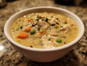 Close-up of a creamy bowl of amazing wild rice soup featuring chicken, carrots, and peas.