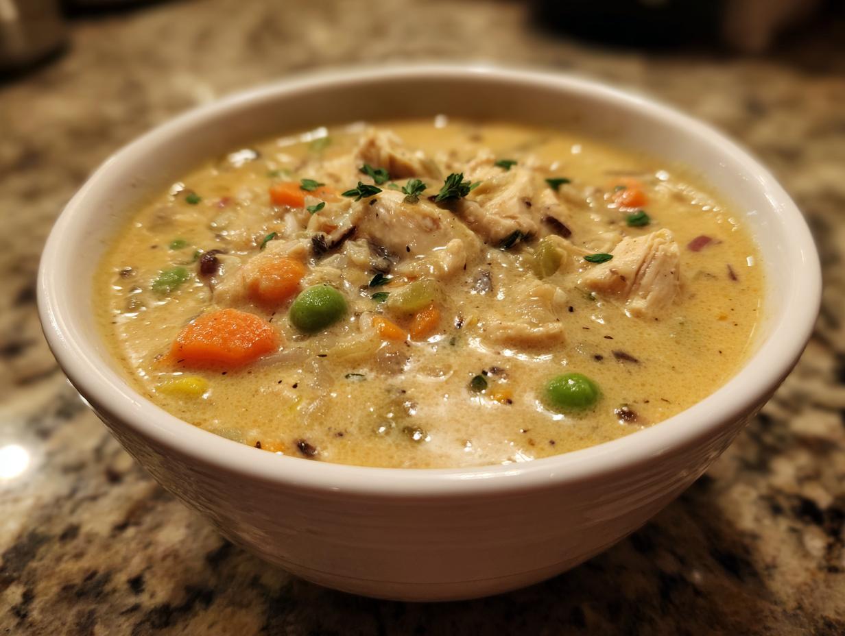 Close-up of a creamy bowl of amazing wild rice soup featuring chicken, carrots, and peas.