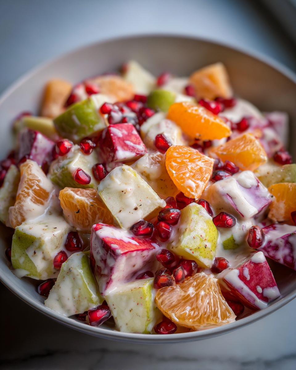 Close-up of a creamy winter fruit salad featuring diced apples, oranges, and bright red pomegranate arils.