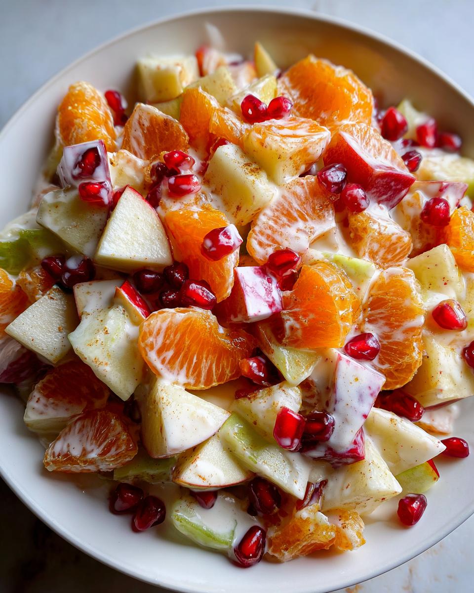 Close-up of a creamy winter fruit salad featuring diced apples, orange segments, and bright red pomegranate seeds.