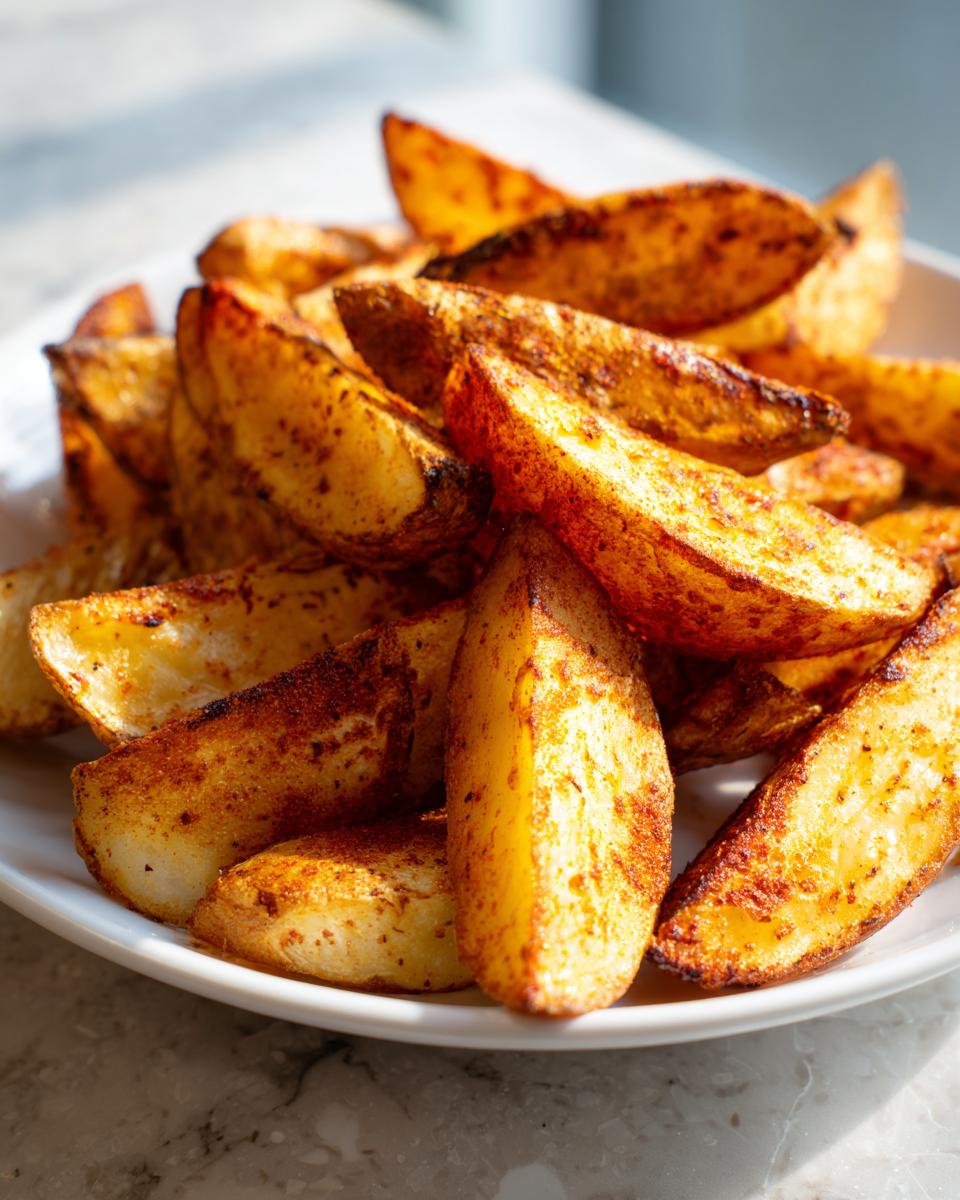Close-up of golden brown, seasoned air fryer potato wedges piled high on a white plate.