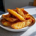 A close-up of golden, crispy air fryer potato wedges piled high on a white plate.