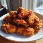 A large pile of golden brown, heavily seasoned crispy baked chicken wings stacked on a white plate.