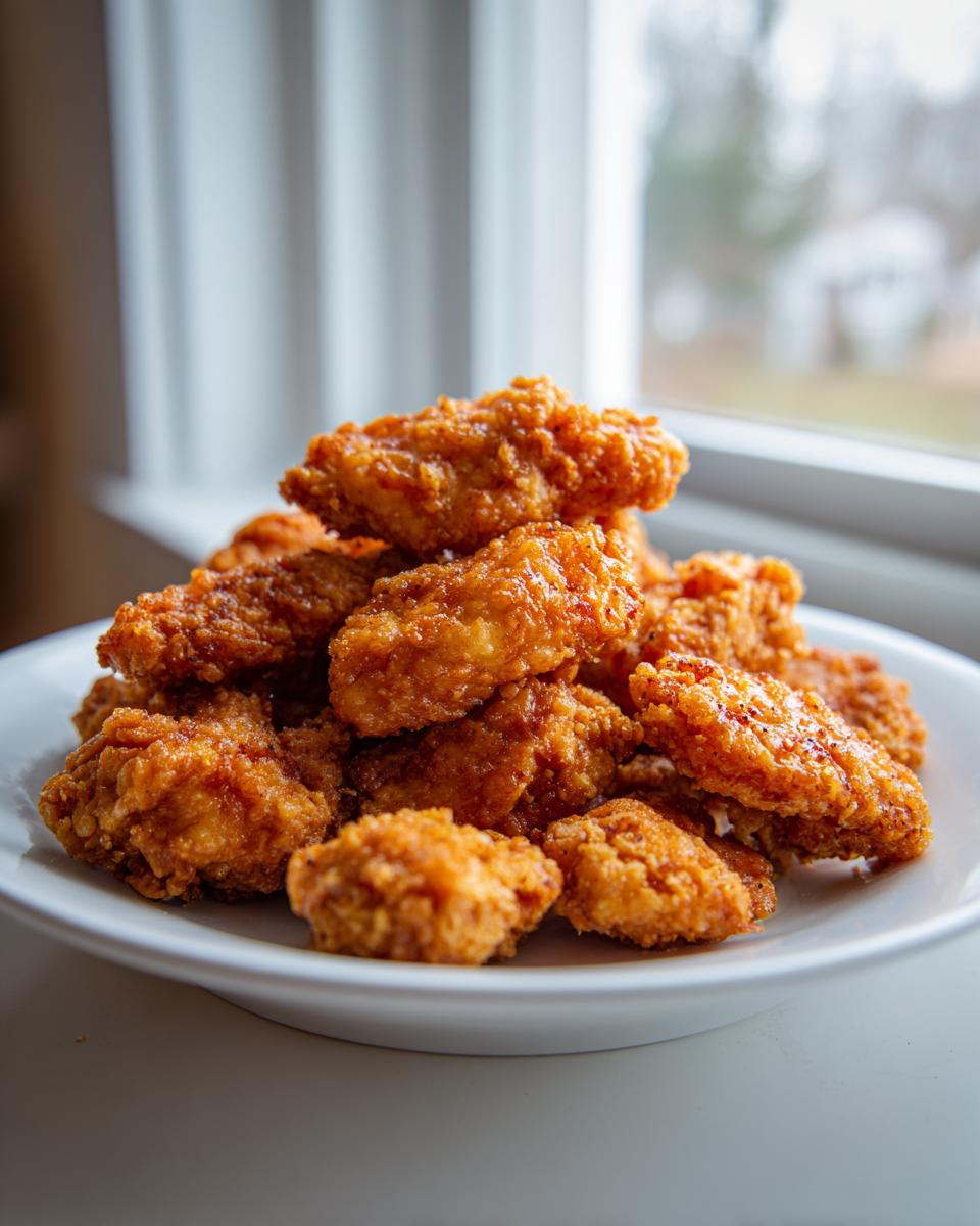 A pile of golden brown, crispy baked chicken wings served on a white plate near a bright window.