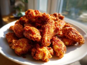 A mound of golden brown, crispy baked chicken wings piled high on a white plate, catching bright sunlight.