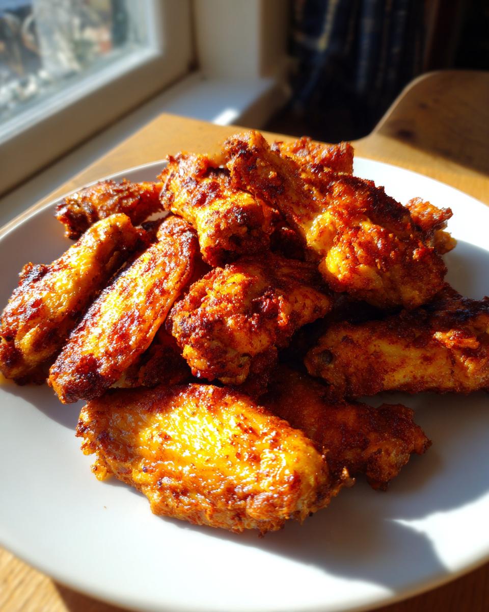A pile of golden-brown, seasoned crispy baked chicken wings glistening in sunlight on a white plate.