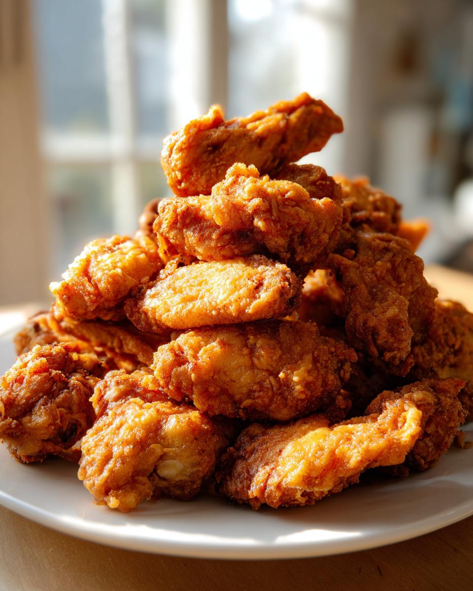 A tall pile of golden brown, crispy baked chicken wings stacked high on a white plate.