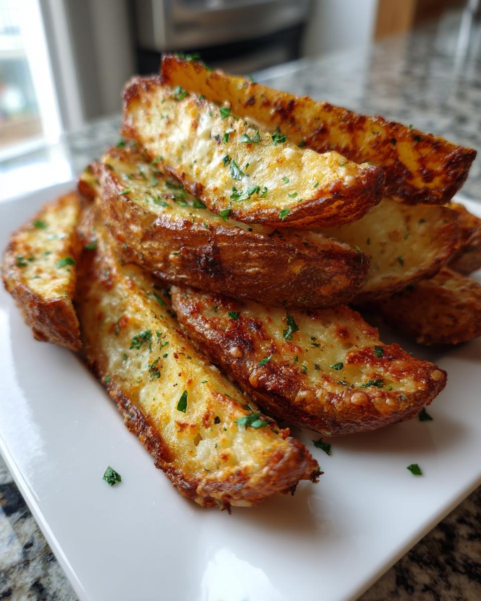A stack of golden brown, crispy potato wedges topped with melted cheese and fresh parsley.