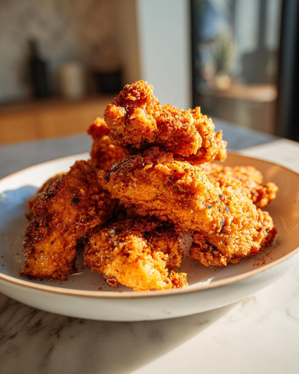 A close-up of golden brown, heavily battered Fried Pickles piled high on a light-colored plate.