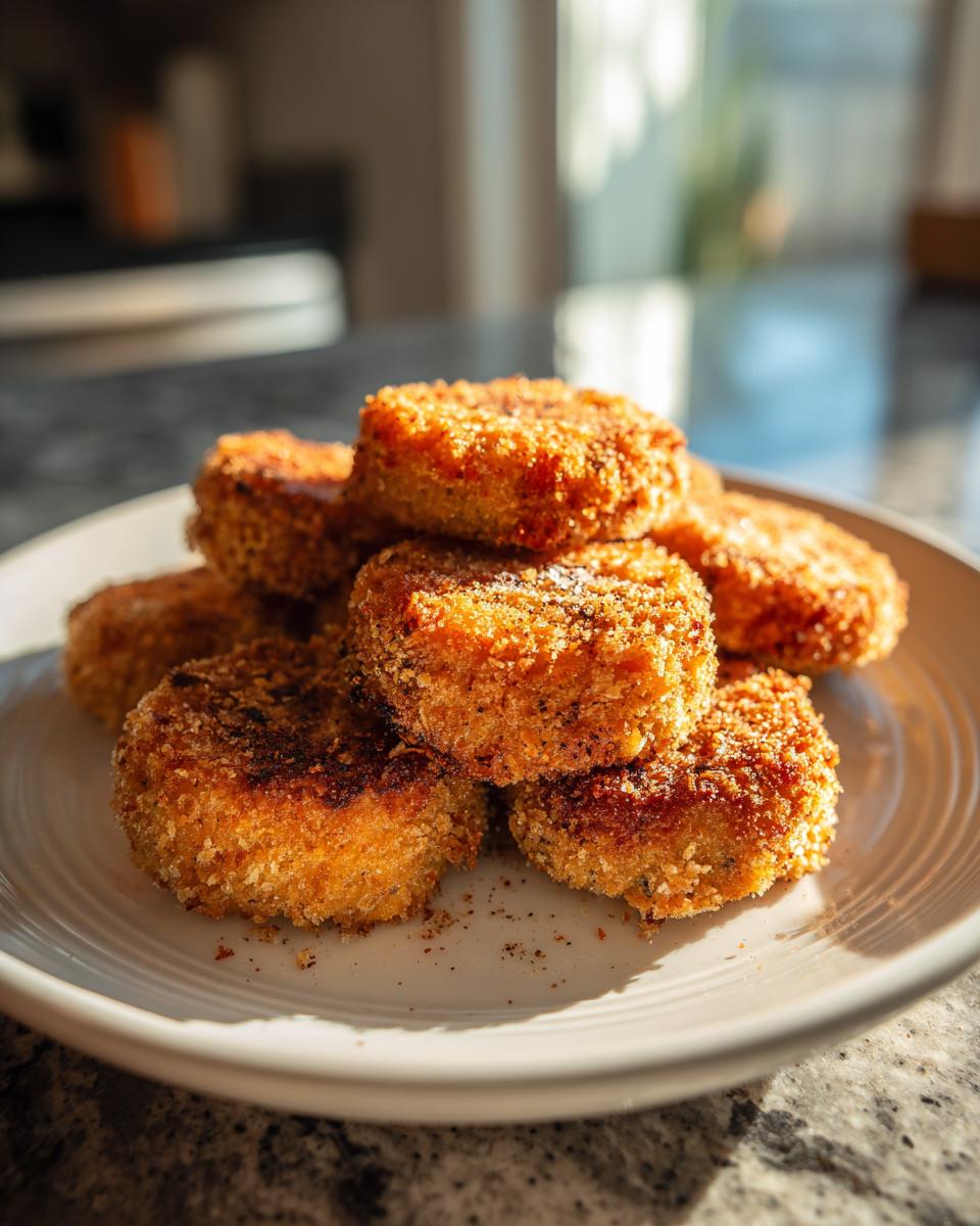 A stack of perfectly golden brown, crispy Fried Pickles piled high on a white plate.