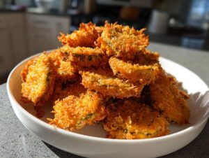 A pile of golden brown, crunchy Fried Pickles stacked high on a white serving dish.