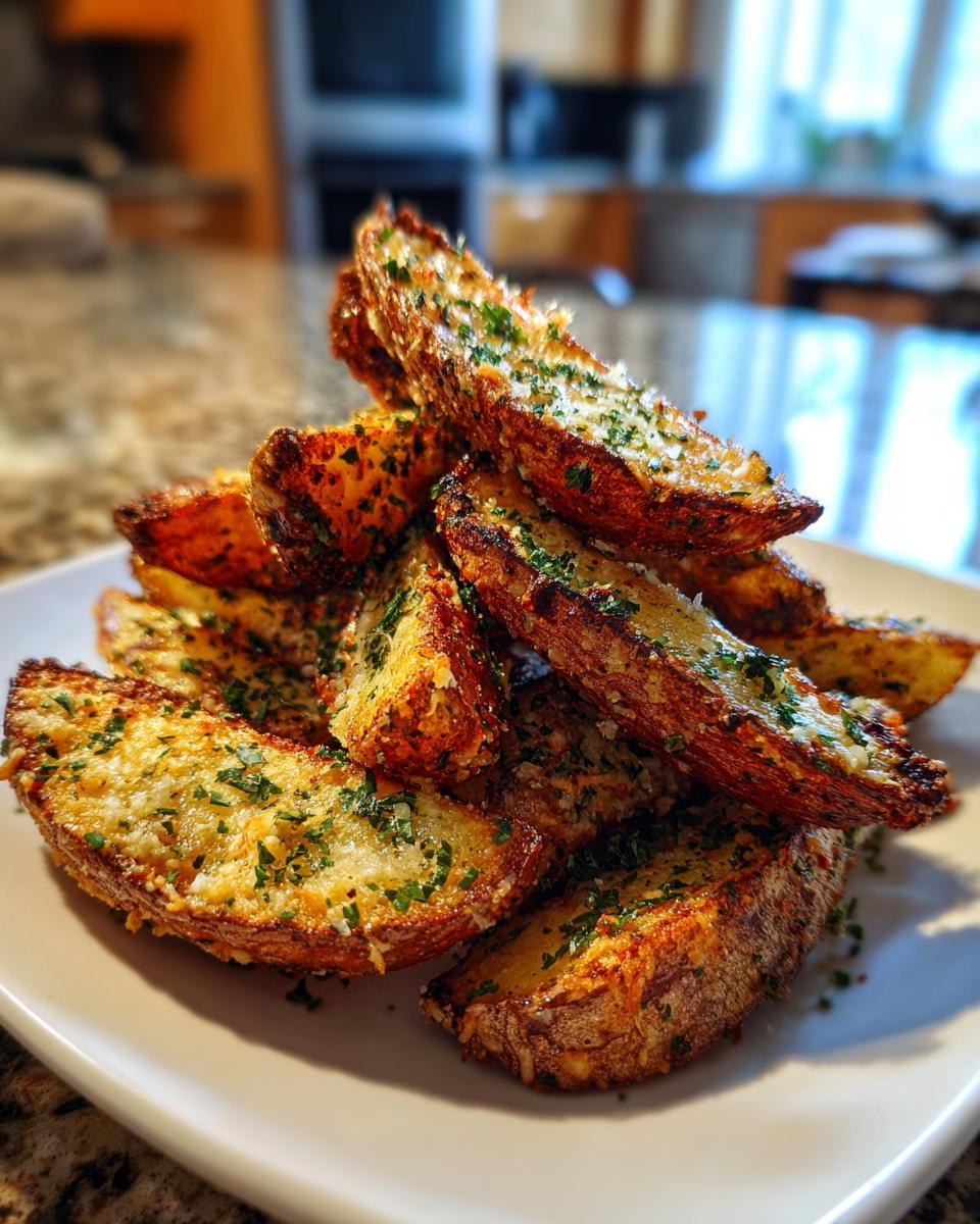 A close-up of a pile of crispy, baked potato wedges topped with melted cheese and fresh parsley.