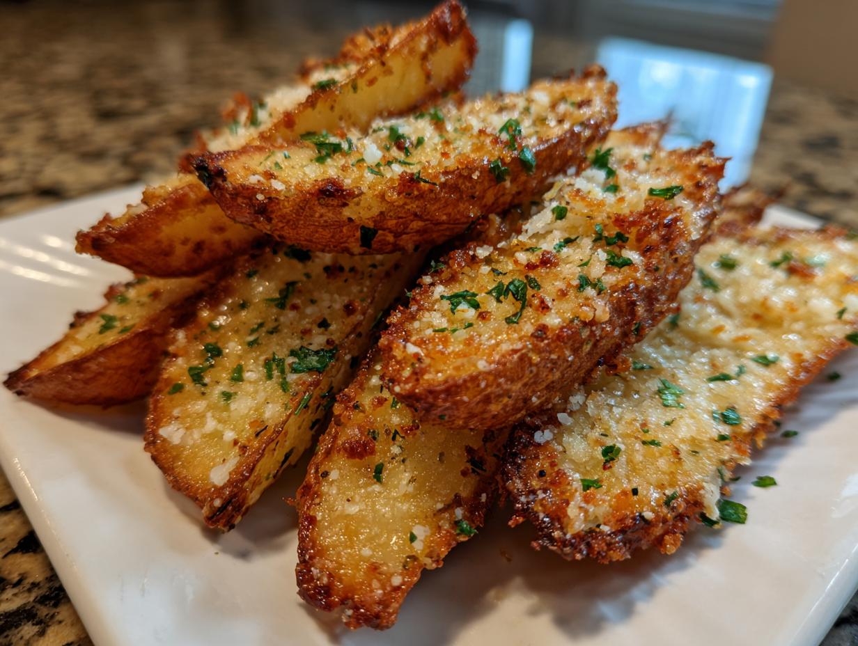 A close-up of golden brown, crispy potato wedges seasoned with Parmesan cheese and fresh parsley.