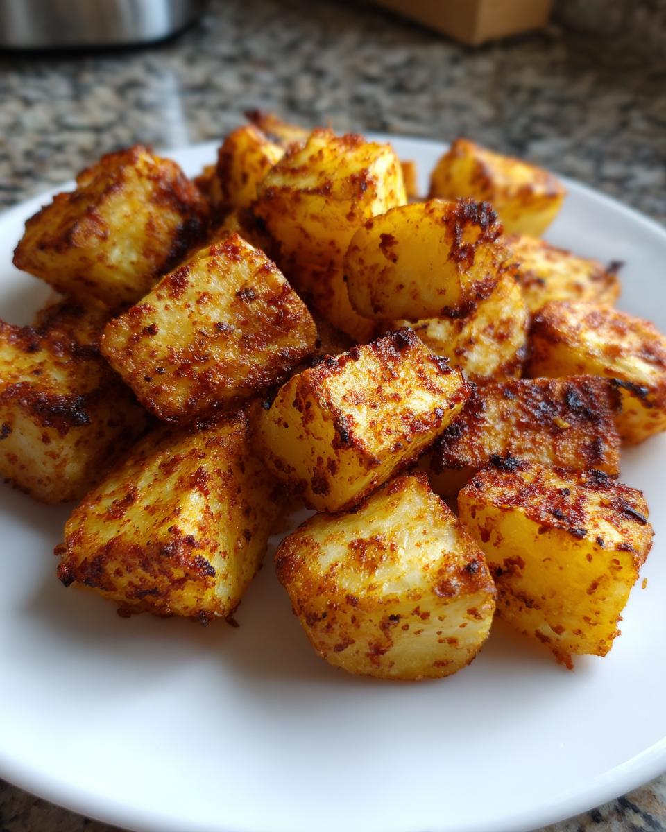 A close-up of perfectly roasted, seasoned Mexican Potatoes cubes piled on a white plate.
