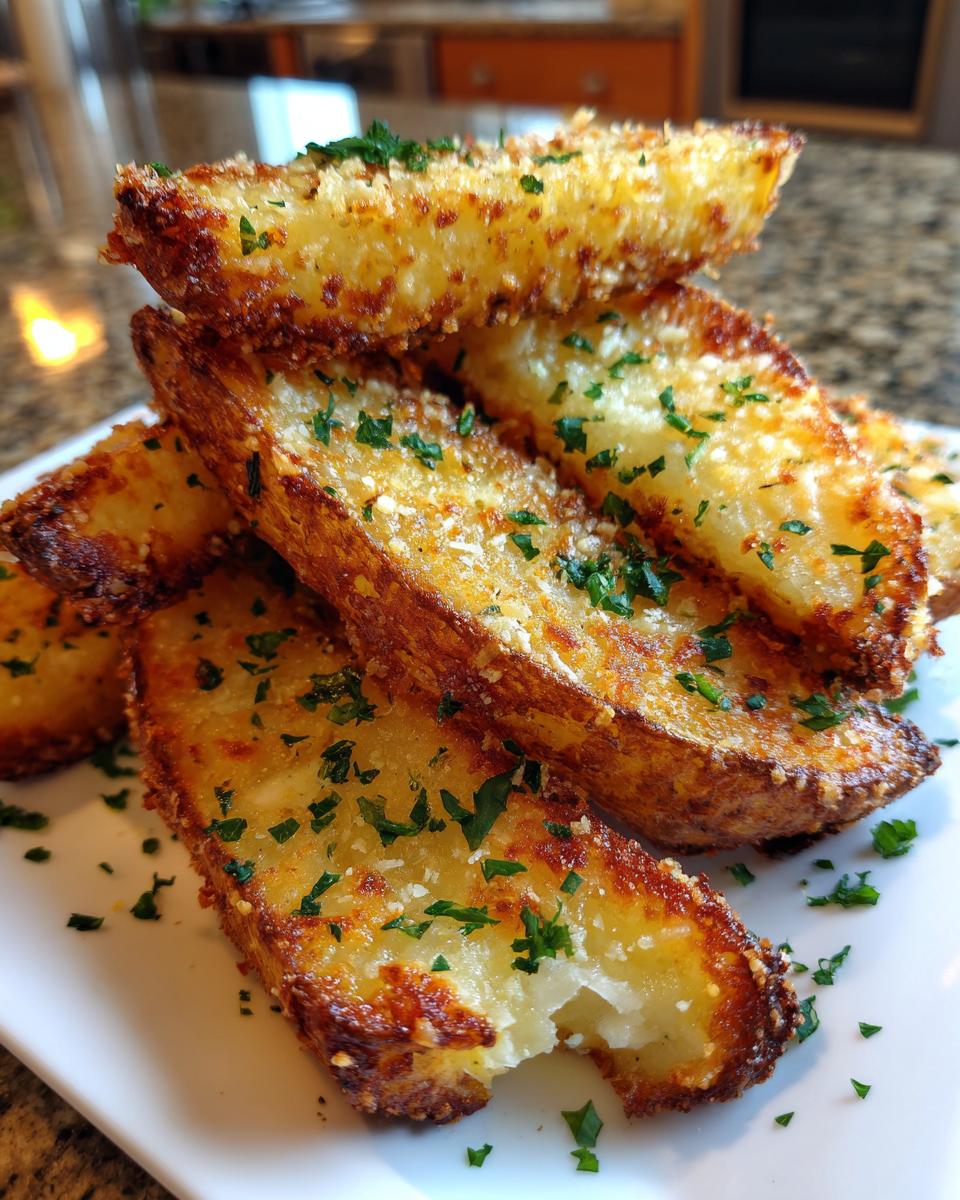 A close-up stack of golden brown, crispy potato wedges seasoned with Parmesan cheese and fresh parsley.
