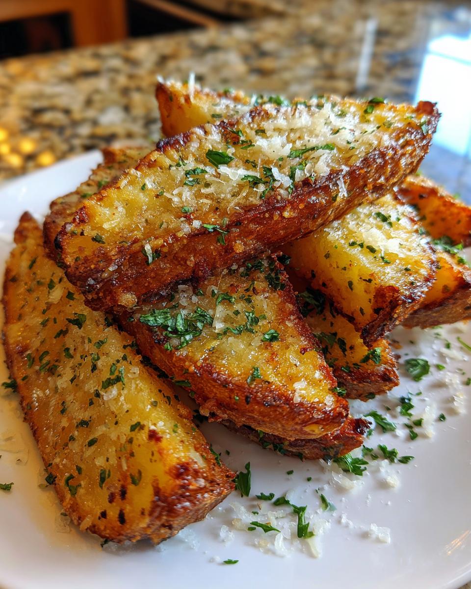 A close-up of golden brown, crispy potato wedges topped with grated Parmesan cheese and fresh parsley.
