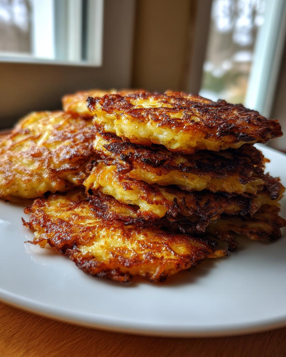 A close-up stack of perfectly golden brown and crispy potato pancakes on a white plate.