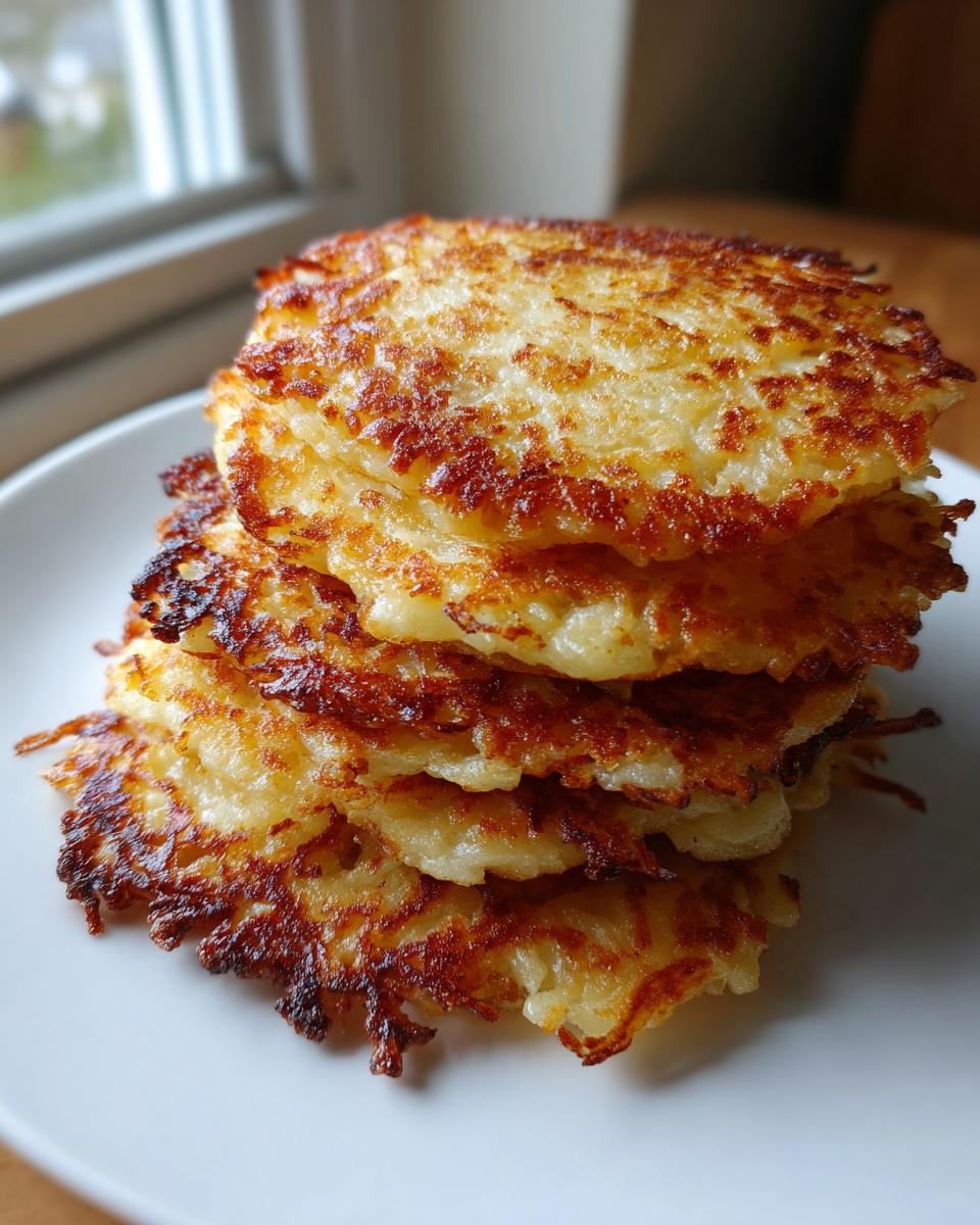 A tall stack of five perfectly golden brown and crispy potato pancakes served on a white plate.