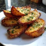 A stack of golden brown, crispy baked potato wedges seasoned with cheese and fresh parsley.