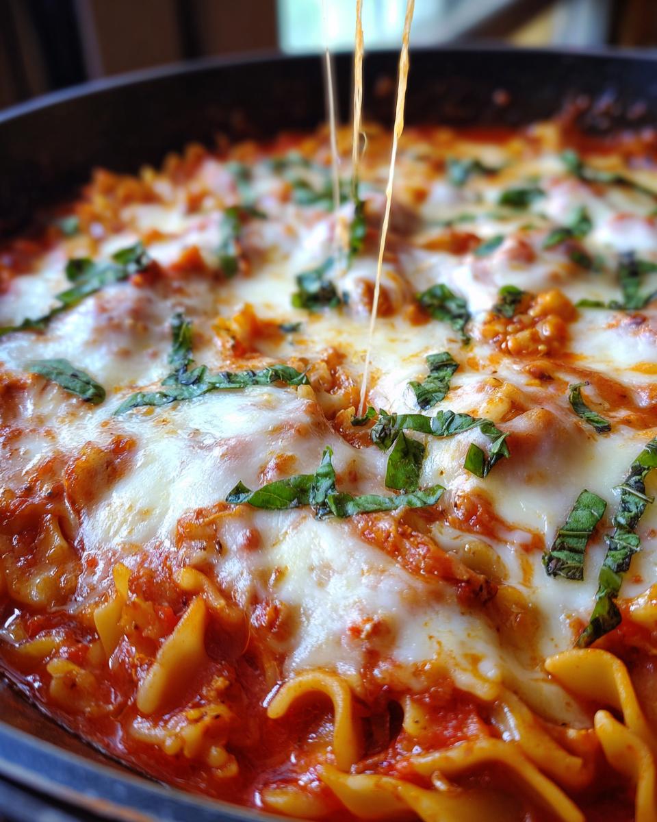 Close-up of cheesy crockpot lasagna soup topped with melted mozzarella and fresh basil, showing cheese pull.