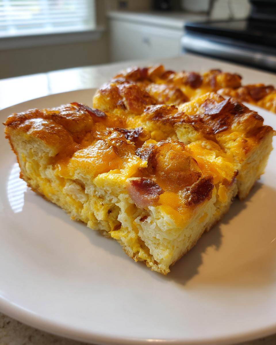 A close-up of a square slice of baked Croissant Breakfast Casserole with melted cheddar cheese.