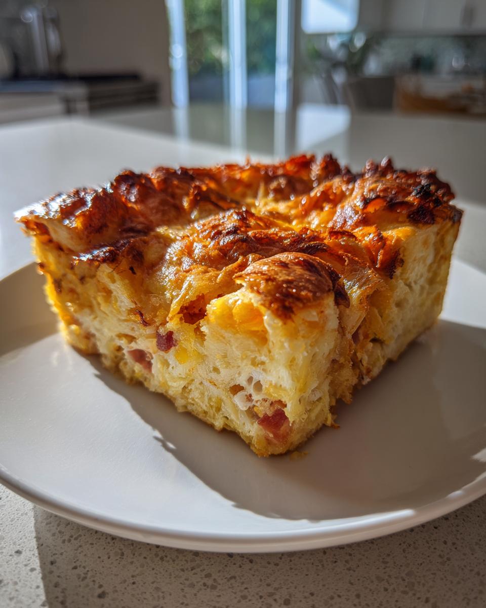 A square slice of golden-brown Croissant Breakfast Casserole with a cheesy, crispy top, served on a white plate.