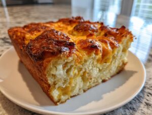 A close-up of a square slice of golden-brown Croissant Breakfast Casserole with a cheesy, baked top.