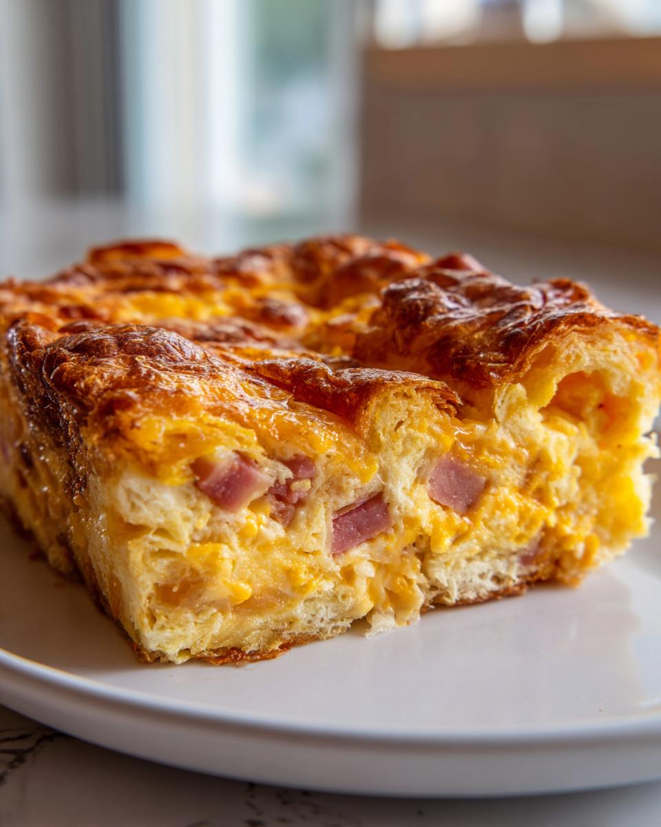 Close-up of a square slice of golden Croissant Breakfast Casserole showing flaky layers, egg, cheese, and diced ham.