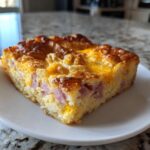A square slice of baked Croissant Breakfast Casserole with visible ham pieces and a golden, cheesy top.