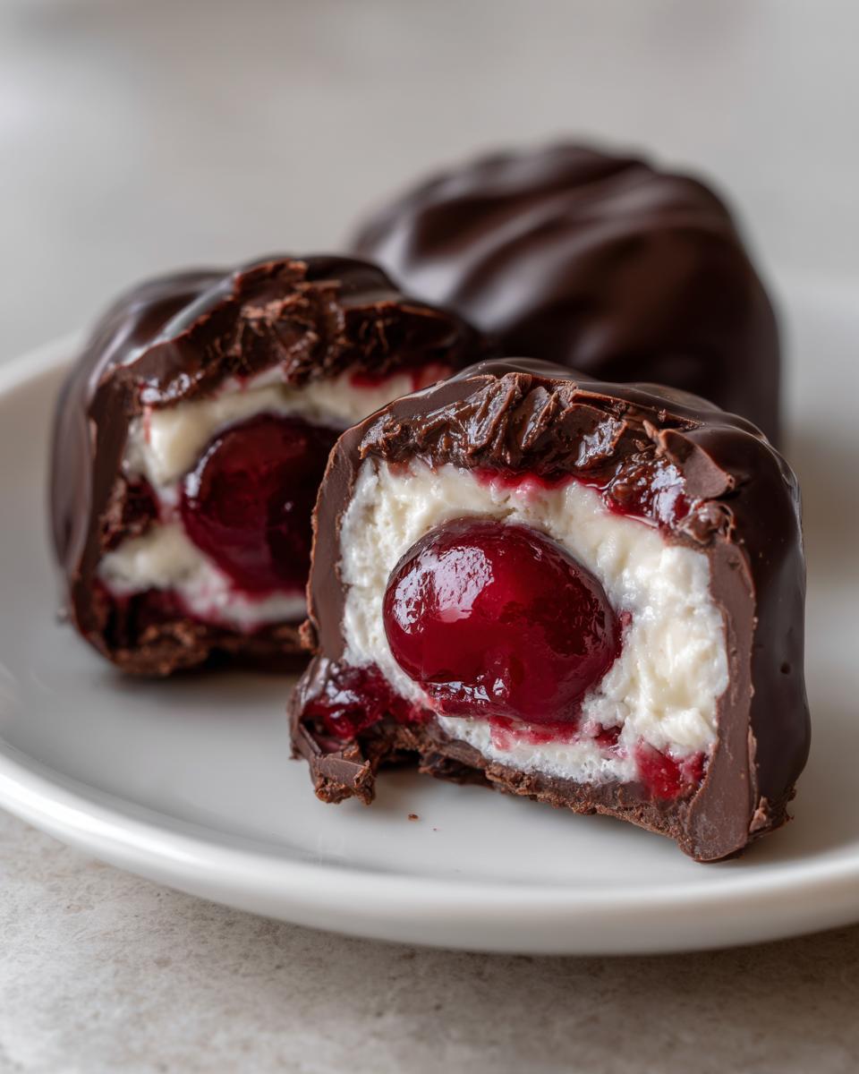 Close-up of a chocolate covered cherries treat cut in half, showing a whole cherry surrounded by white filling inside dark chocolate.