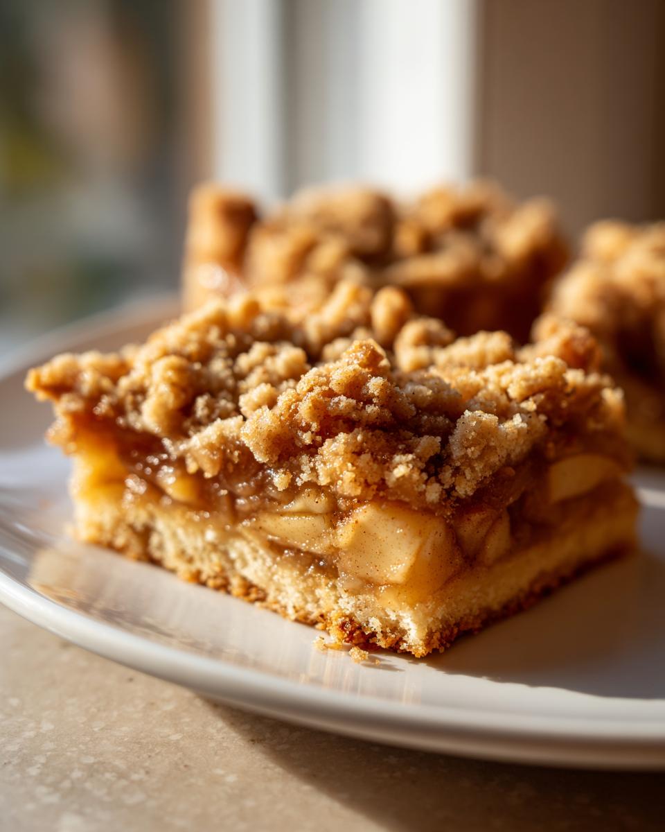 A close-up, sunlit shot of a square portion of apple pie bars with a thick, crumbly topping and visible apple filling.