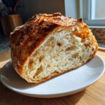 A half loaf of crusty artisan bread showing an open, airy crumb structure, resting on a white plate.